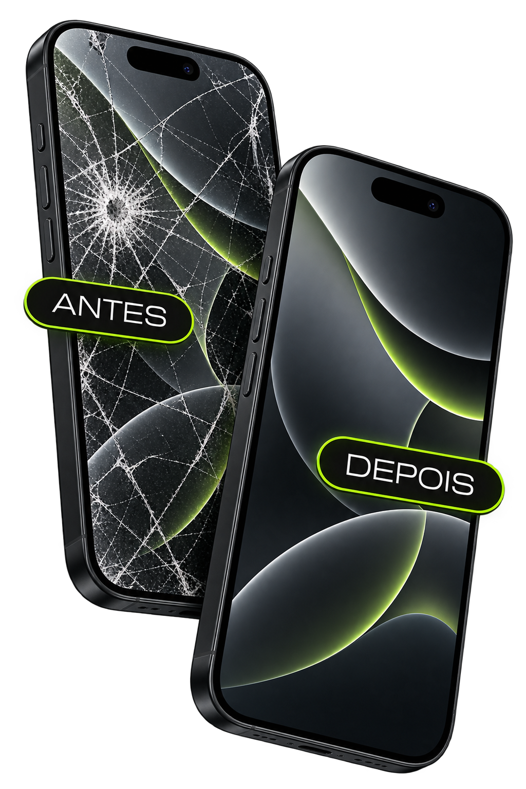 iPhone com vidro trincado antes e depois do reparo